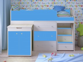 Кровать чердак Малыш 80х180 Дуб молочный, Голубой в Верхней Пышме - verhnyaya-pyshma.magazinmebel.ru | фото